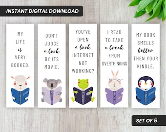 Funny Animal Bookmarks: Set of 5 Printable Book Lover Gifts (Digital Download)