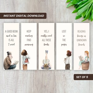 Bookmarks Set of 5 Printable Bookmarks Instant Download Digital Bookmarks Book Accessories For Book Lovers Gift Idea 2" x 6"