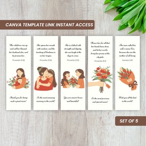 Mother&#39;s Day Bookmarks With Bible Verses Best Gift Mom Bookmarks for Mom Set of 5 Bookmarks for Women Wife Gift CANVA TEMPLATE easy access