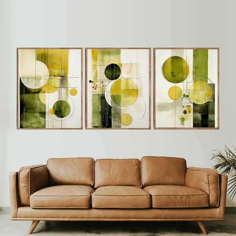 Modern Olive Green and Yellow Print Set of 3, Dark Olive Green Abstract ...