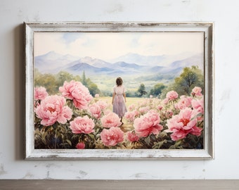 Girl in Peonies Garden Wall Art | Flowers Wall Art | Vintage Wall Art | PRINTABLE Wall Art | Digital DOWNLOAD | Ratio 3:2 LANDSCAPE