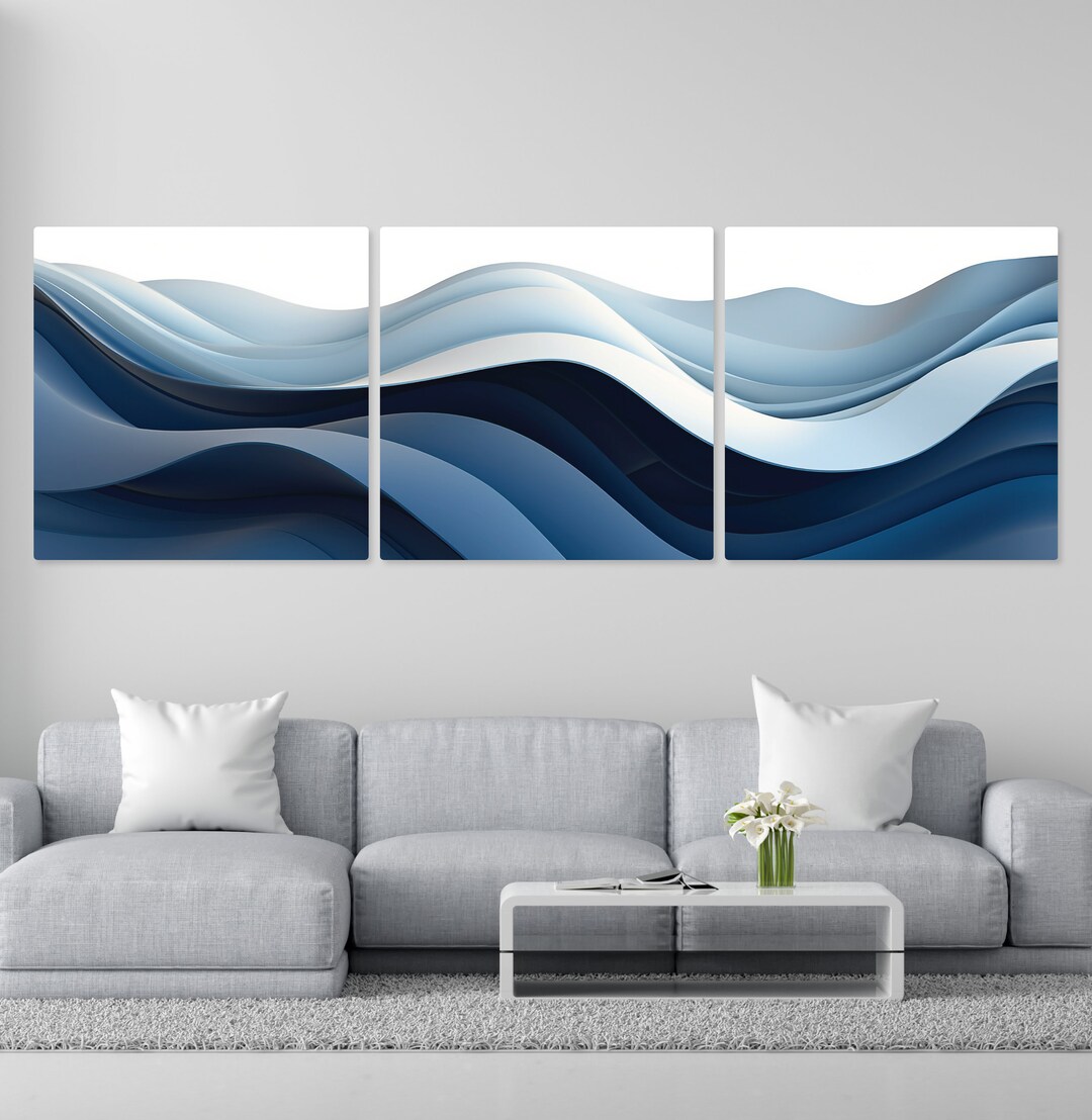 Modern Navy Light Blue Abstract Waves Wall Art Set of 3 Prints - Etsy