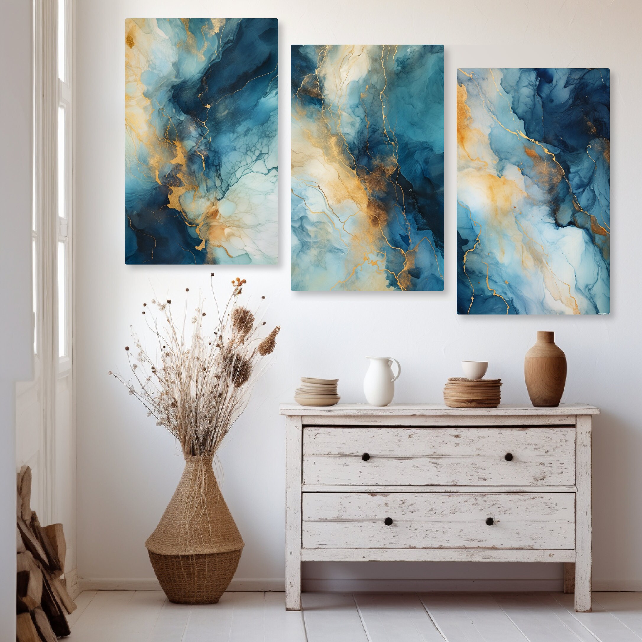 Modern Blue, Yellow and White Print Set of 3, Dark Blue Abstract ...