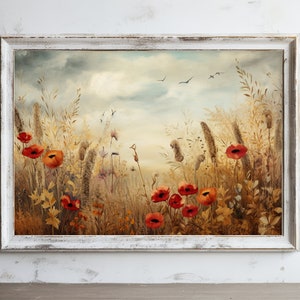 Printable Wildflower Field Landscape Oil Painting | Vintage Landscape Art Print | Country Field Wall Art | Digital Download | Vintage Art