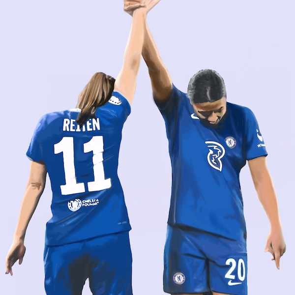 Chelsea FC Women's Team Art, Sam Kerr & Guro Reiten, Digital Portrait, Football Fan Gift, Women's Football Décor