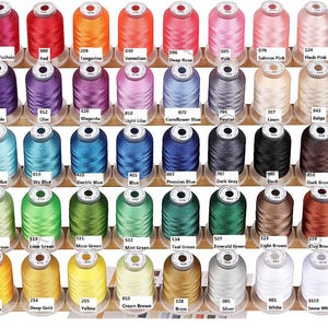 Peut inclure: Une collection de quarante bobines de fil &agrave; broder dispos&eacute;es en cinq rang&eacute;es de huit, pr&eacute;sentant un large spectre de couleurs incluant fuchsia, rouge, orange, bleu, vert, marron, blanc et noir, chacune &eacute;tiquet&eacute;e avec un nom et un code.