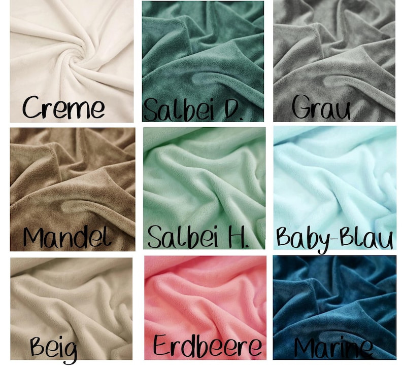 May include: Close-up of nine swatches of soft, plush fabric in various colors. Colors include cream, sage green, gray, almond, mint green, baby blue, beige, pink, and navy blue. Each swatch has a handwritten label.
