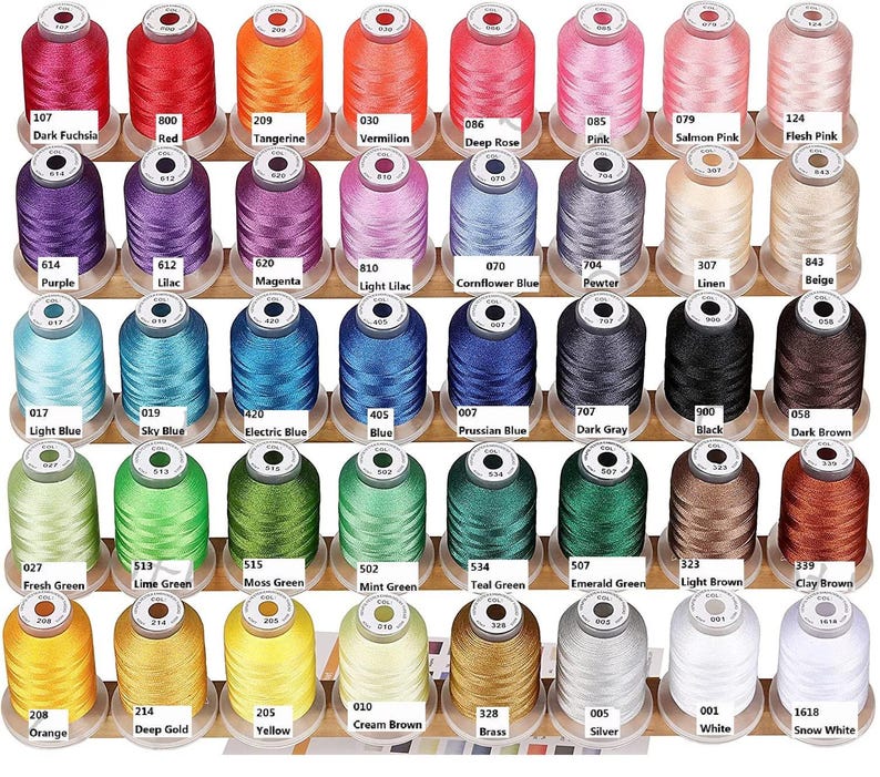 May include: A collection of colorful thread spools arranged on wooden shelves. The spools are labeled with color names and numbers, including shades of red, pink, blue, green, and brown. The threads are tightly wound, ready for sewing or embroidery projects.