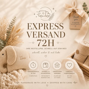 Op de afbeelding: Een beige corduroy olifant knuffel met de naam Tino geborduurd op de zijkant, vergezeld van een opgerolde mousseline doek, gedroogde grassen en een cadeaulabel met de tekst Thank you for supporting our small business, in neutrale tinten.