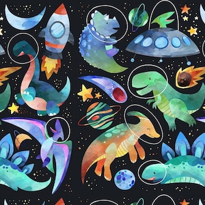 May include: A watercolor illustration of dinosaurs in space. The dinosaurs are in various colors, including blue, green, orange, and brown. The background is black with stars and planets.