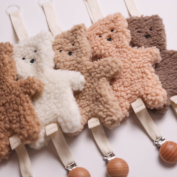 Super Cute & Cuddly Teddy Sherpa Plush Pacifier clip. Personalized with name in any language! Makes a perfect Keepsake/ Baby shower gift.