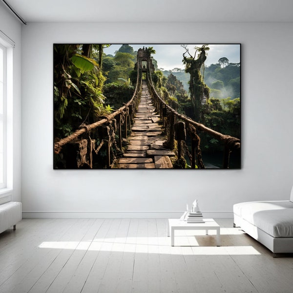 Hängebrücke Dschungel, Jungle Brücke Bild, Gemälde, Hängeseilbrücke Poster, Jungle Bridge auf Leinwand gedruckt Regenwald, safari
