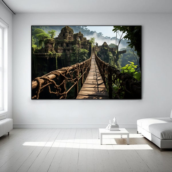 Hängebrücke Dschungel, Jungle Brücke Bild, Gemälde, Hängeseilbrücke Poster, Jungle Bridge auf Leinwand gedruckt Regenwald, safari