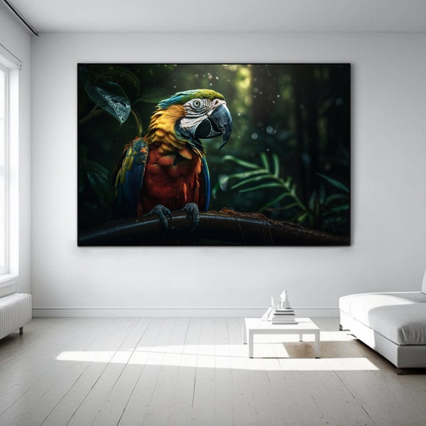 Papagei Dschungel, Parrot Jungle Picture, Gemälde, Paradies Vogel Poster, Paradise Papagei auf Leinwand gedruckt Regenwald, Bild xxl