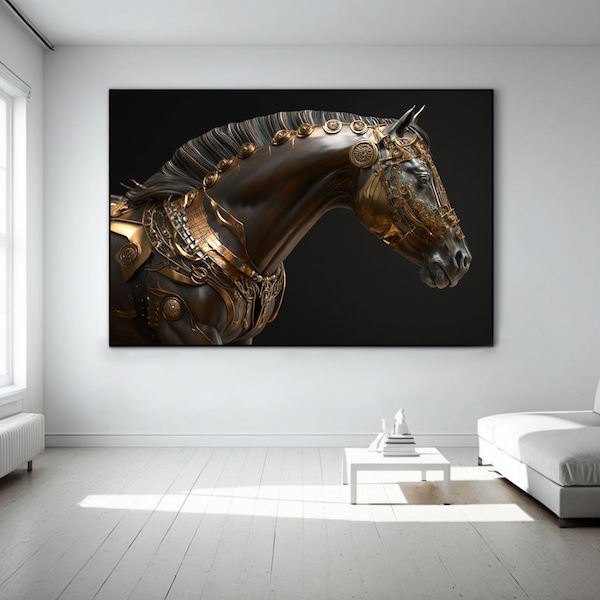 Tableau cheval, cyber cheval en peinture or, poster cheval, imprimé sur toile, cyber cheval steampunk