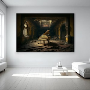 Lost Place Piano Picture, castle grand piano retro lost place canvas, lost place painting, oil painting