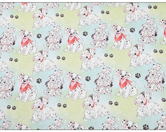 May include: A green and blue watercolor background with a repeating pattern of Dalmatian dogs wearing red bandanas. The dogs are surrounded by black paw prints.