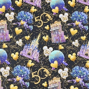 Disney Inspired 50th Anniversary Fabric Magic Kingdom Anniversary Celebration Fabric Cartoon Fabric Cotton Fabric By The  Half Yard