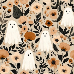 May include: A repeating pattern featuring white ghosts with black oval eyes and mouths, interspersed with various flowers in shades of peach, tan, and burnt orange, alongside dark charcoal-colored leaves and stems on a light beige background.