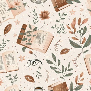 May include: A seamless pattern featuring open books with visible text, black wire-rimmed glasses, coffee cups, and botanical elements including brown and green leaves and small flowers on a light cream background with scattered brown dots.