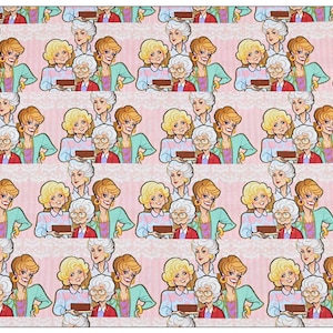 May include: A pink background with a repeating pattern of four women holding a cake. The women are wearing colorful clothing and have different hairstyles. The cake is brown with white frosting.