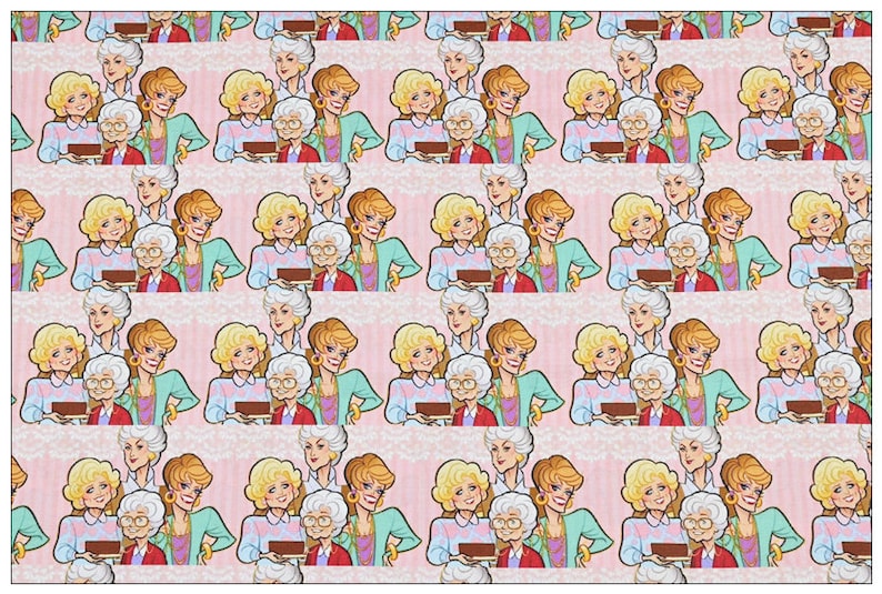 May include: A pink background with a repeating pattern of four women holding a cake. The women are wearing colorful clothing and have different hairstyles. The cake is brown with white frosting.
