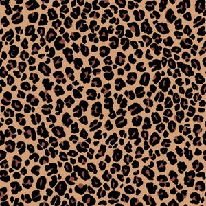 Könnte beinhalten: Ein sich wiederholendes Leopardenmuster mit unregelmäßigen schwarzen Flecken und dunkelbraunen Zentren auf hellbraunem Hintergrund. Das Design besteht aus organischen Formen unterschiedlicher Größe, die gleichmäßig verteilt sind.