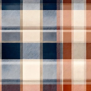 May include: A textile pattern featuring a grid of intersecting horizontal and vertical lines. The design displays a colour palette of deep navy blue, light blue, cream, and warm terracotta orange, creating a classic plaid or tartan check motif.