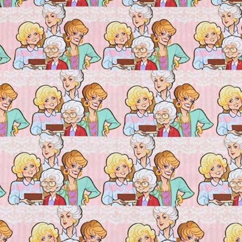 May include: A pink and white patterned background with a repeating pattern of five cartoon women holding a cake. The women are wearing different colored dresses and have different hairstyles. The cake is brown and has white frosting.