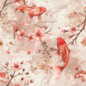 May include: A repeating pattern featuring vibrant orange koi fish swimming among delicate pink cherry blossom branches. The background is a soft, muted beige with subtle watercolour-style washes and scattered gold-toned paint splatters.