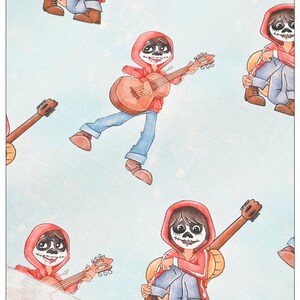 May include: A blue and white fabric with a repeating pattern of a cartoon character playing a guitar. The character is wearing a red hooded jacket, blue jeans, and a skull face paint.