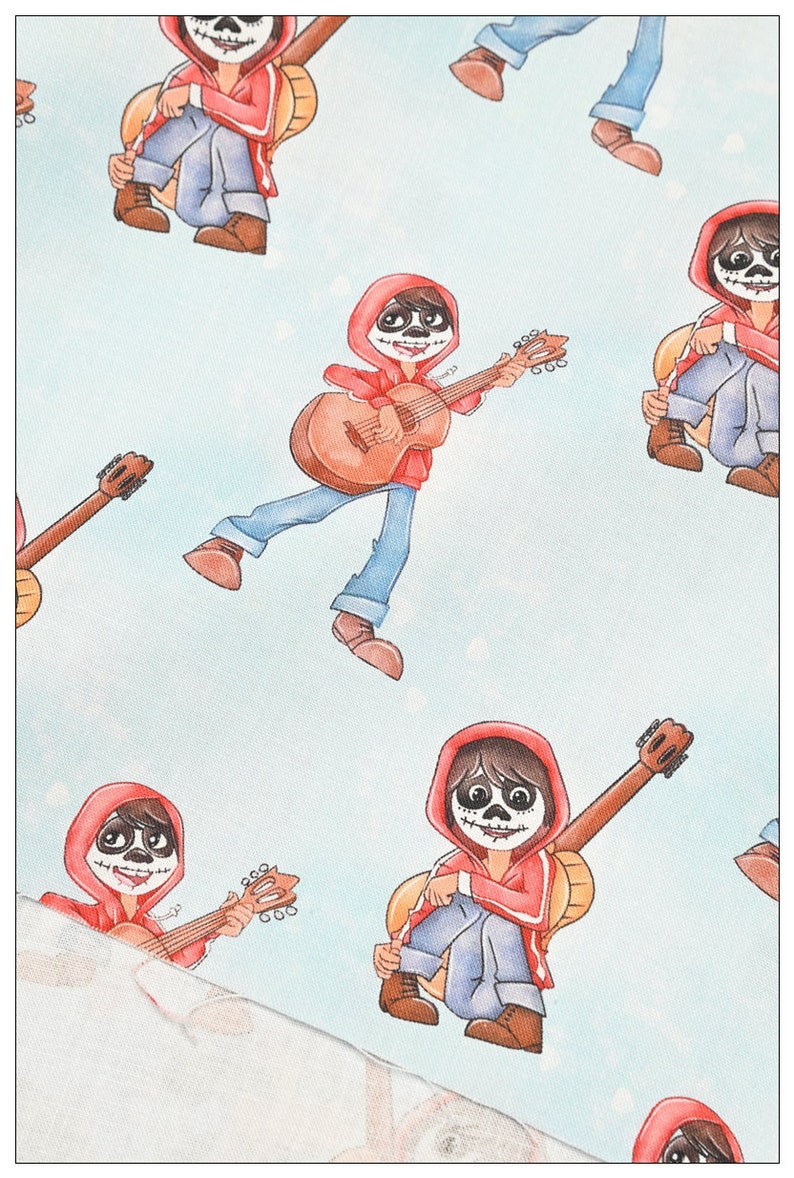May include: A blue and white fabric with a repeating pattern of a cartoon character playing a guitar. The character is wearing a red hooded jacket, blue jeans, and a skull face paint.
