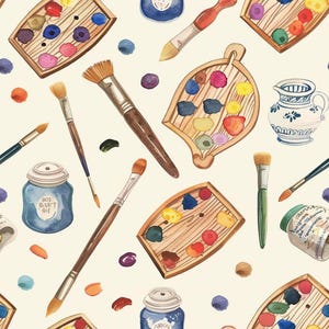 May include: A repeating pattern featuring wooden paint palettes with colourful oil paint dabs, various artist brushes with wooden handles, blue glass jars with labels, and a white ceramic pitcher with blue floral patterns on a cream background.