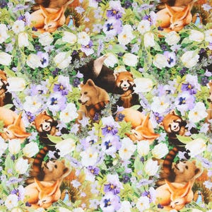 May include: A repeating pattern featuring foxes, bears, and red pandas, set amongst white and purple flowers and green foliage. The design has a watercolor style with a dark background.