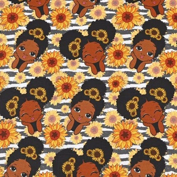 Black Girl Sunflower Princess Fabric Cartoon Fabric Cotton Fabric By The Half Yard