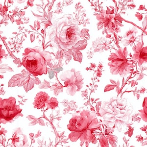 May include: A seamless textile pattern featuring a white background with intricate, detailed illustrations of blooming roses and floral branches in varying shades of deep red and pink, rendered in a classic toile style with fine line work.