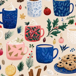Peut inclure: Un motif répétitif composé de diverses tasses remplies de boissons chaudes et de crème fouettée, entremêlées d'éléments festifs comme des branches de pin, des baies rouges, des boules, des bâtons de cannelle et des biscuits sur fond beige.