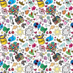 May include: A whimsical, colorful pattern featuring various cartoon characters and objects. The design includes a house with balloons, a sun, a cat, a bee, a blue creature, and the text "Hunny" and "Drink Me".