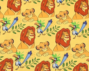 May include: A repeating pattern featuring characters from the animated film, The Lion King. The design includes Simba, Mufasa, Zazu, and leafy green vines on a yellow background. The illustrations are in shades of orange, yellow, and blue.