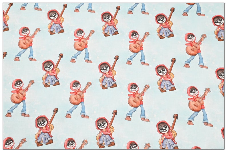 May include: A repeating pattern of a cartoon skeleton playing a guitar. The skeleton is wearing a red hooded sweatshirt, blue jeans, and brown boots. The background is a light blue with white speckles.