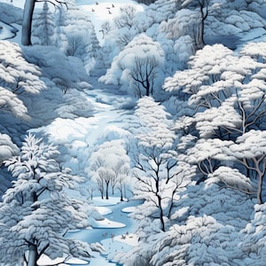 Peut inclure: Un tissu à motif répétitif représentant un paysage hivernal avec des arbres et des buissons couverts de neige dans des tons de bleu clair, bleu foncé, blanc et gris. Une rivière sinueuse traverse la forêt, avec des oiseaux en vol.