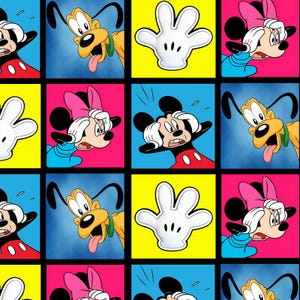May include: A colourful pattern featuring Mickey Mouse, Minnie Mouse, Goofy, and a white glove. The characters are shown in a variety of poses, including surprised and scared. The background is a grid of yellow, blue, pink, and black squares.