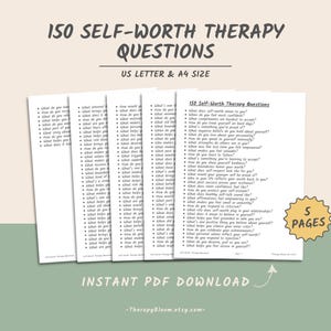 May include: A printable PDF download of 150 self-worth therapy questions, designed to help you explore your self-esteem and build confidence. The document is formatted in US Letter and A4 sizes and includes 5 pages of questions.