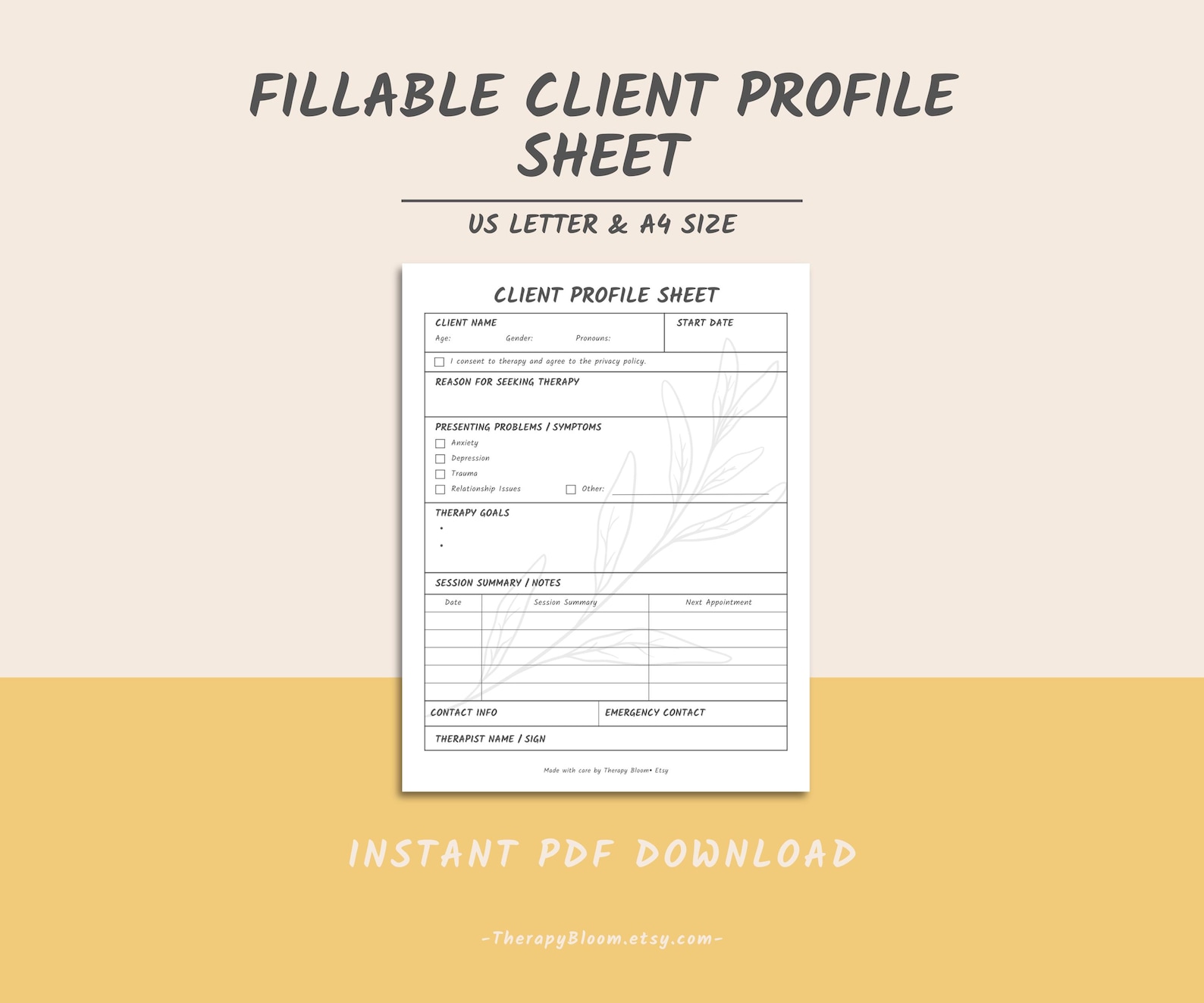 Client Profile Intake Form for Therapists | Editable PDF | Printable ...