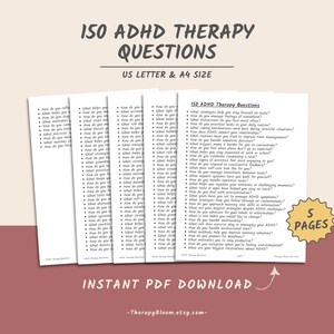Puede incluir: Un documento PDF imprimible con el título "150 preguntas de terapia para el TDAH" en texto negro sobre fondo blanco. El documento contiene una lista de preguntas relacionadas con la terapia del TDAH. El documento está disponible para descarga instantánea. El documento tiene 5 páginas.