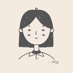May include: Line drawing illustration of a person with short black hair, wearing a collared shirt and a black turtleneck. The person has a light blue blush on their cheeks and is smiling. The text "Mia" is written below the person.