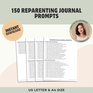 Puede incluir: Descarga digital de un diario de reparenting con 150 preguntas. El diario incluye preguntas para la integración, el diálogo interno y la conciencia del niño interior. El diseño presenta un fondo beige con texto negro y un logotipo circular.