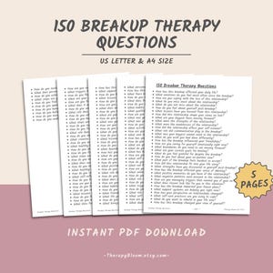 Puede incluir: Una descarga PDF imprimible de 150 preguntas de terapia de ruptura. El documento está dividido en cinco páginas y está disponible en tamaños US Letter y A4. El texto "150 Breakup Therapy Questions" está en la parte superior de la página, junto con el texto "US Letter & A4 Size". El texto "Descarga instantánea de PDF" está en la parte inferior de la página, junto con el texto "TherapyBloom.etsy.com".