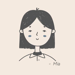 May include: Line drawing illustration of a person with short black hair, wearing a collared shirt and a black turtleneck. The person has a light blue blush on their cheeks and is smiling. The text "Mia" is written below the person.