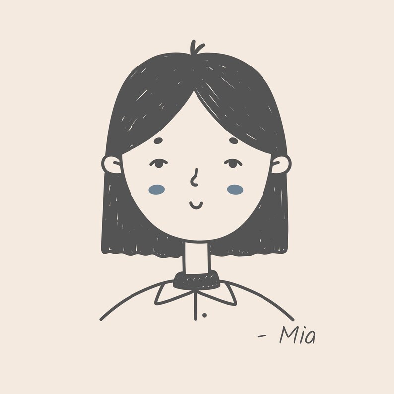 May include: Line drawing illustration of a person with short black hair, wearing a collared shirt and a black turtleneck. The person has a light blue blush on their cheeks and is smiling. The text "Mia" is written below the person.
